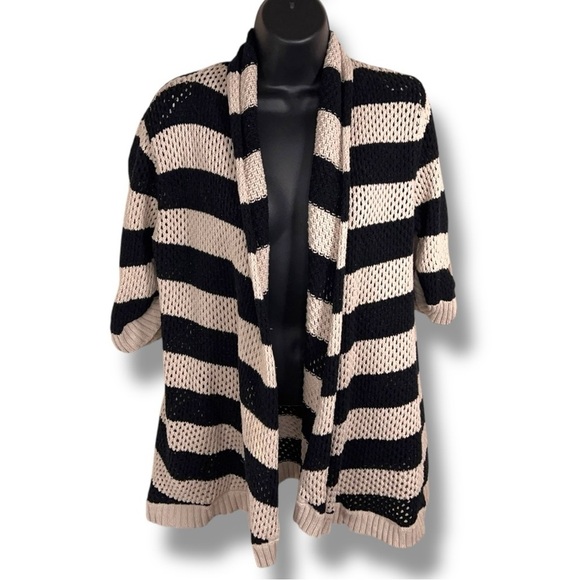 Large Beige Black Crochet Knit Half Sleeve Shrug Sweater Cotton Open Front - Picture 1 of 12